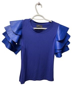 GRACIA Ruffles Pleather
Tiered Short Sleeve Top Cobalt Royal Blue Size S